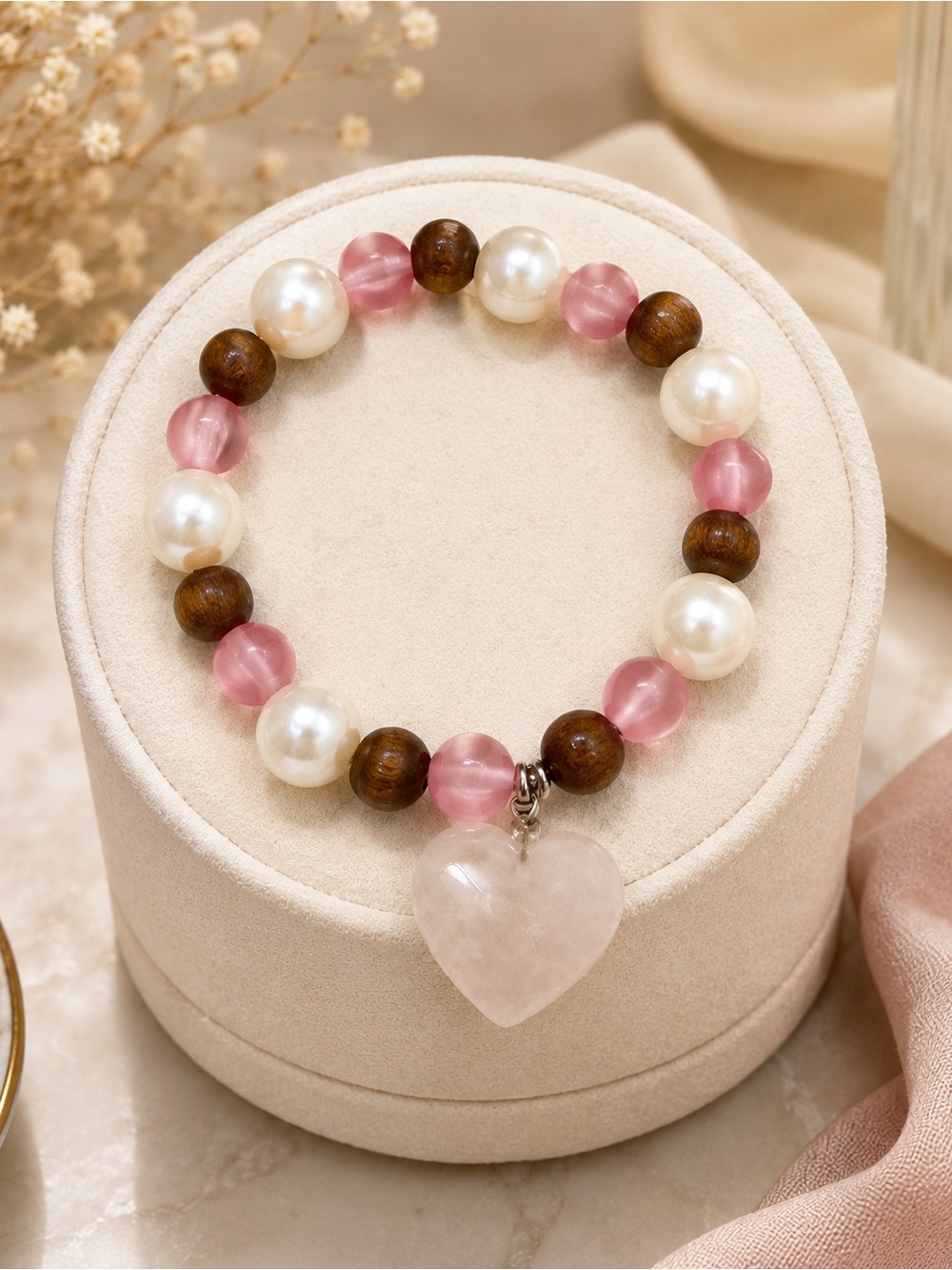 Pearl, Pink and Wood Bead Heart Charm Bracelet